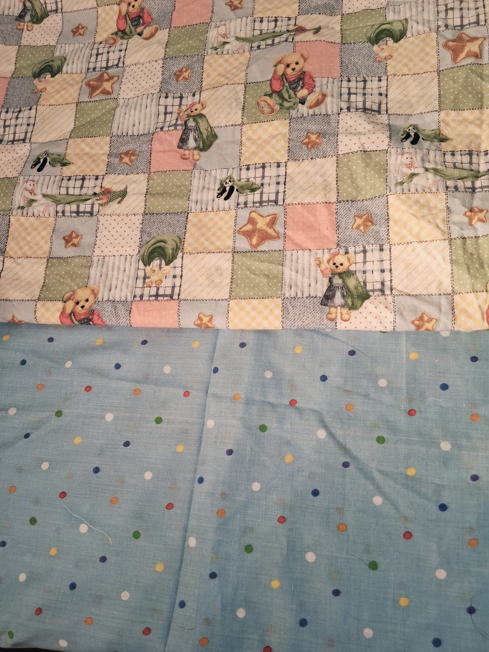Teddy Bear Patchwork + Blue Polka Dot Nursery Fabric  3120